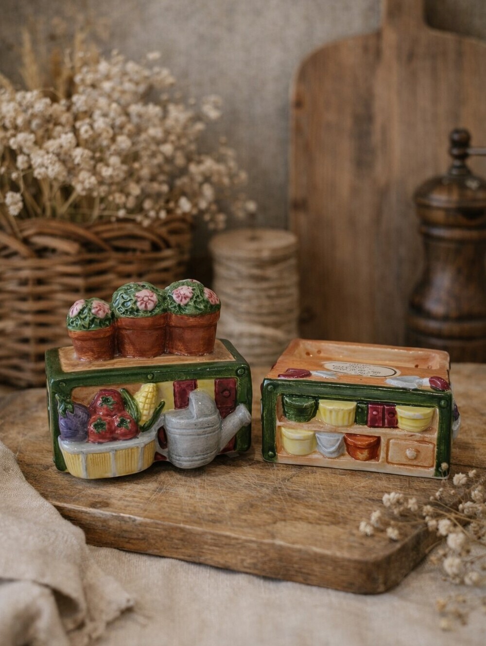 Hand-Painted Ceramic Salt and Pepper Shakers - Floral Planter Design, Green/Pink